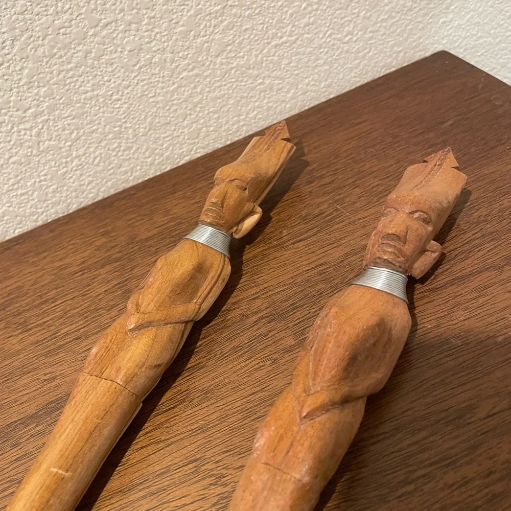 Vintage Wood Carved African Tribal Salad Utensils Serving Set